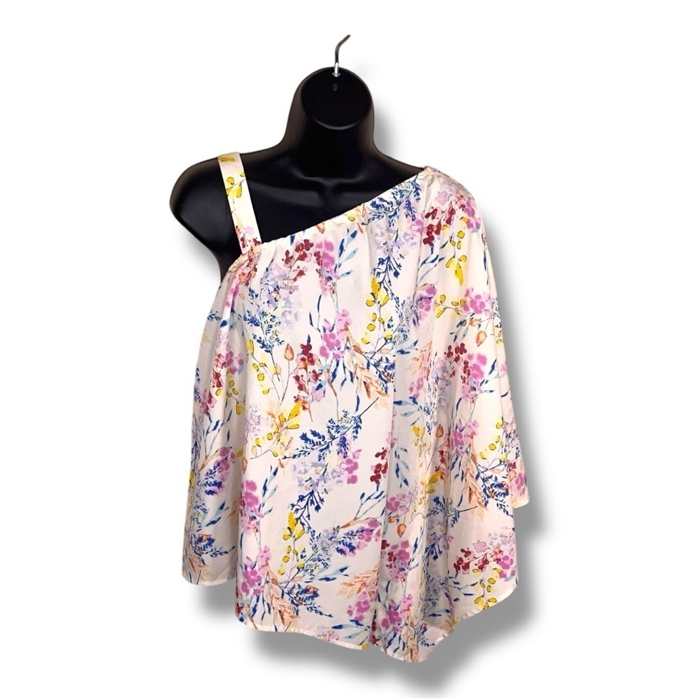 Small Y2K Era Cato Floral Blouse Top One Shoulder Asymmetrical White Pink Blue